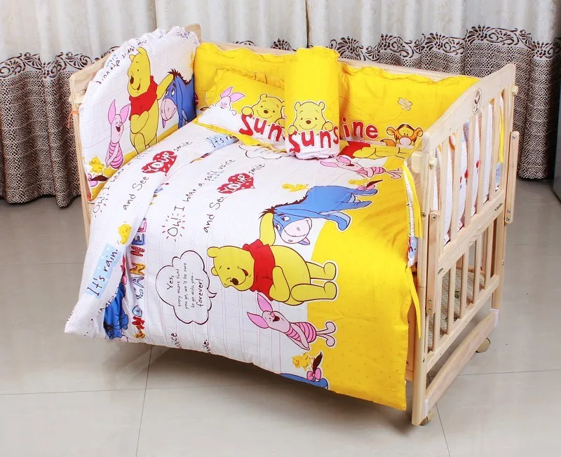 Promotion! 10PCS Bear 100% cotton baby cot bedding sets piece set baby crib bedding set (bumper+matress+pillow+duvet)