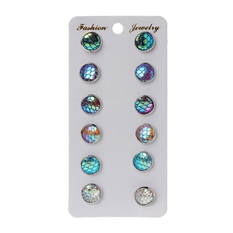 

6 Pairs Beauty Fish Scale Round Crystal Assorted Stud Earrings Set Women Jewelry JUL3