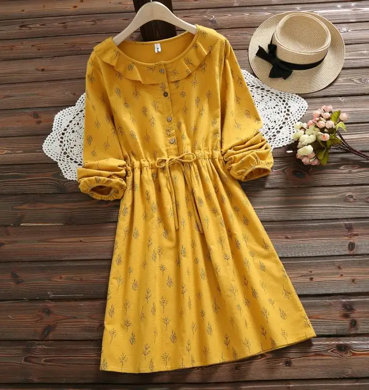 Японское платье Mori Girl Осень Зима Женское платье Kawaii С гофрированным воротником желтый розовый женский Elbise цветочный хлопок элегантное платье Kawaii - Цвет: Цвет: желтый
