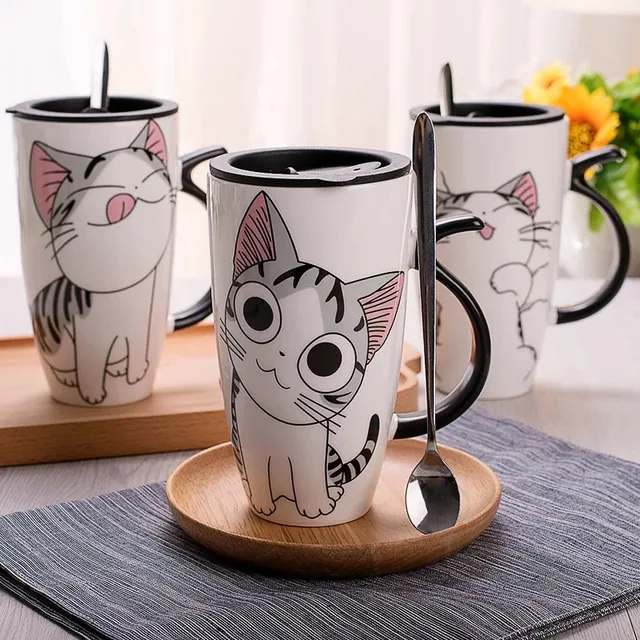 Cheap Drop shipping 600ml Creative Cat Ceramic Mug With Lid and Spoon Cartoon Milk Coffee Tea Cup Porcelain Mugs Nice Gifts