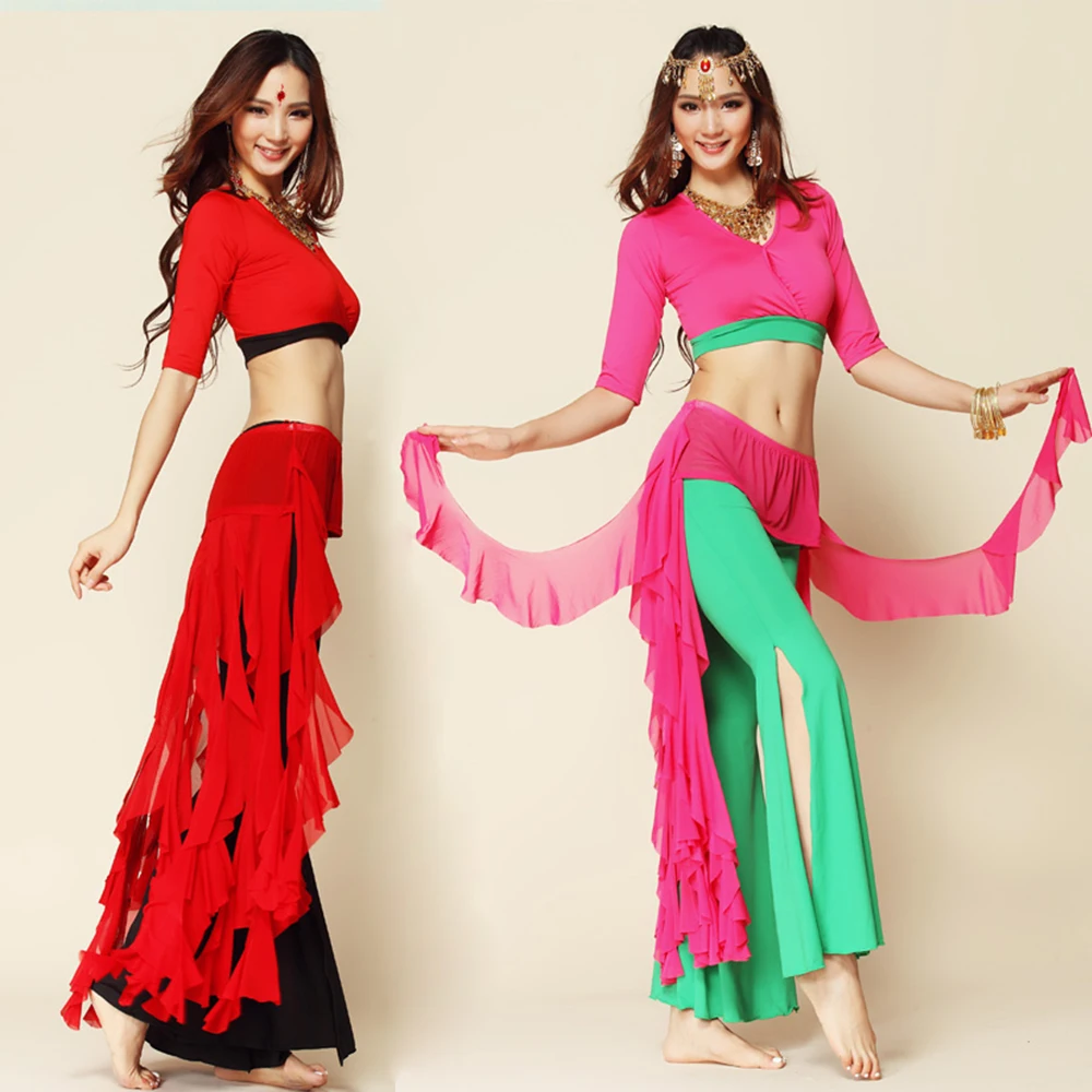 2018 Belly Dance Costume Set Top, Pants, Hip Scarf Women Belly Dancing Practice Wear