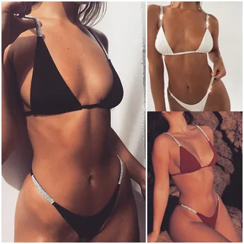 

FALLINDOLL Women Bikini Sets Halter Candy Color Simple Lady Low Waist Swimwear Bathing Suit Maillot de Bain Solid String Padded