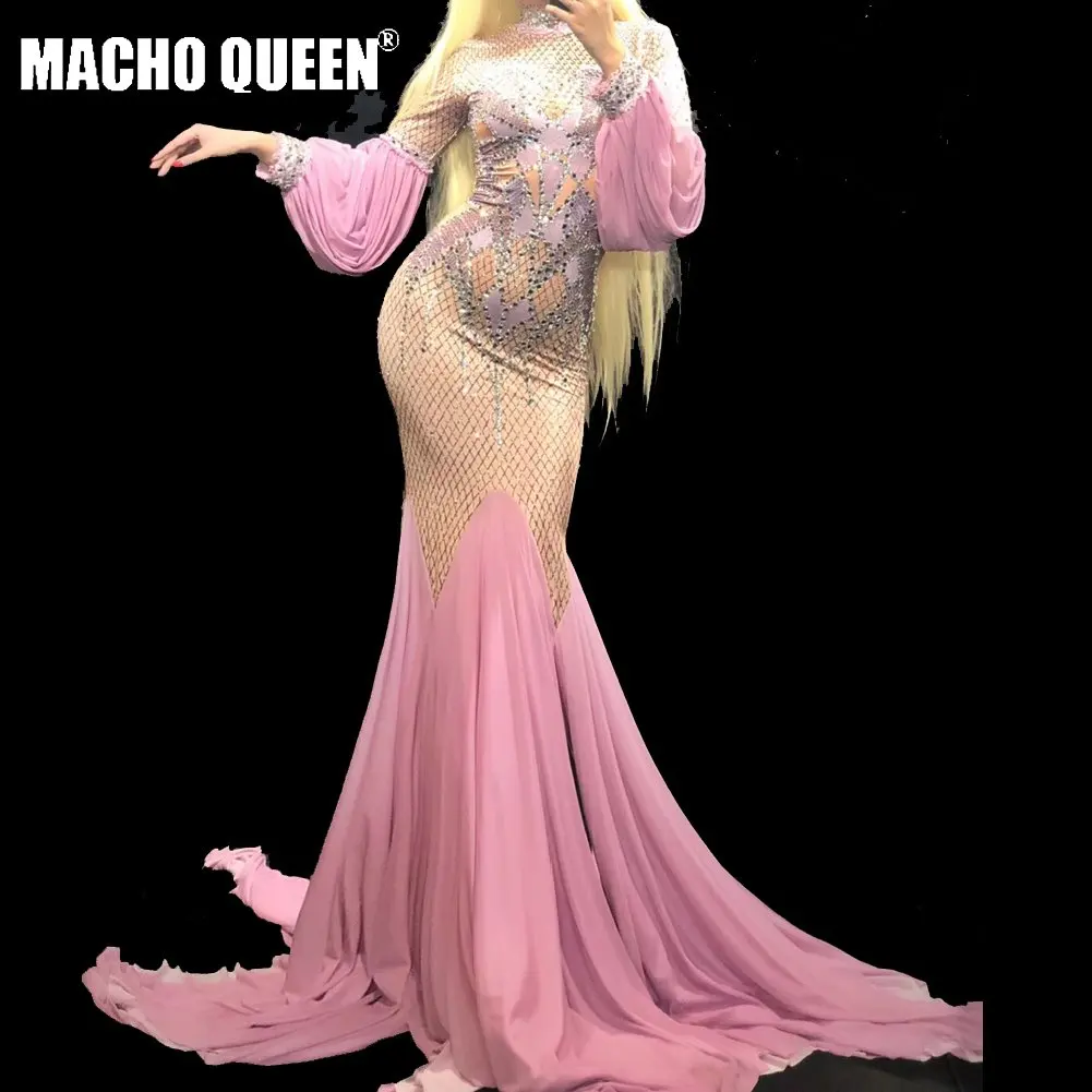 Платье с перьями Drag Queen розовое длинное вечернее платье со стразами для