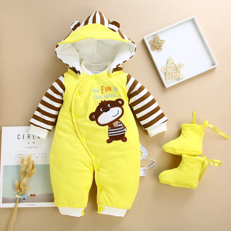 Зимние комбинезоны; Одежда для новорожденных девочек; Детский комбинезон для мальчиков и девочек; детский хлопковый комбинезон; зимний комбинезон с капюшоном; теплая верхняя одежда - Цвет: Yellow bear