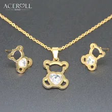 ACEROLL милый набор ювелирных украшений медведь-нержавеющая сталь Мода полые CZ Сердце Циркон милые серьги и кулон ожерелье в золотом цвете