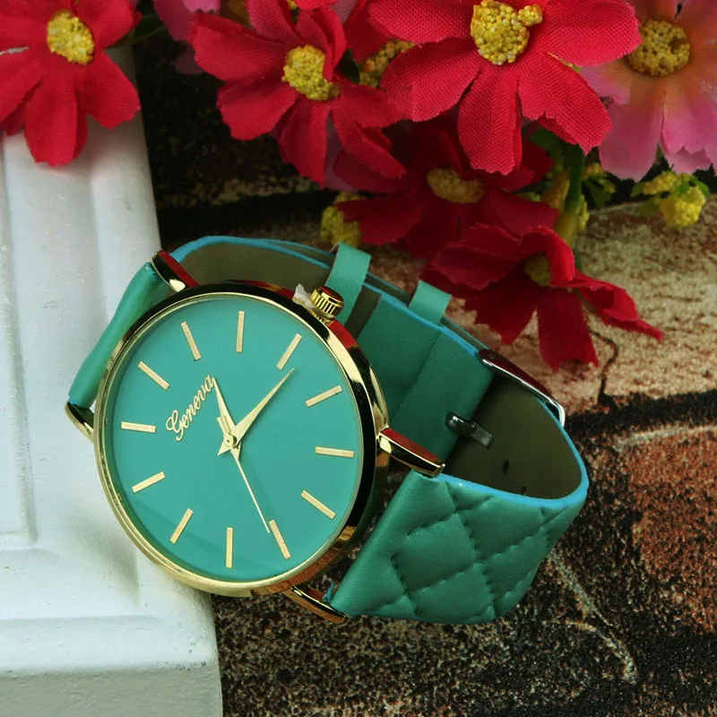 New Unisex Casual Geneva Checkers Faux Leather Quartz Analog naviforce Wrist women watches Classics color Ladies sport Gifts - Цвет: green