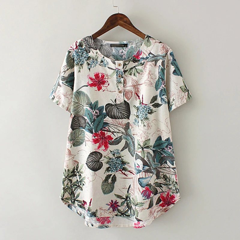2017 Summer Women T shirt Plus Size Short Sleeve Cotton Linen Blend
