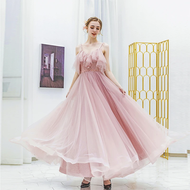 Long Prom Dresses A-line Fairy Formal Party Dress Spaghetti Straps Ruffles Neckline 2019 Bead Sash Tassel Vestidos De Gowns | Свадьбы и
