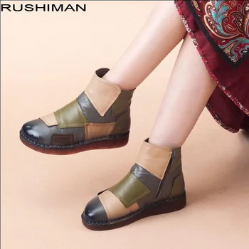 

2018 new original ethnic style color patch Genuine Leather women's ankle boots hand-stitched Oxford thick bottom mother shoes