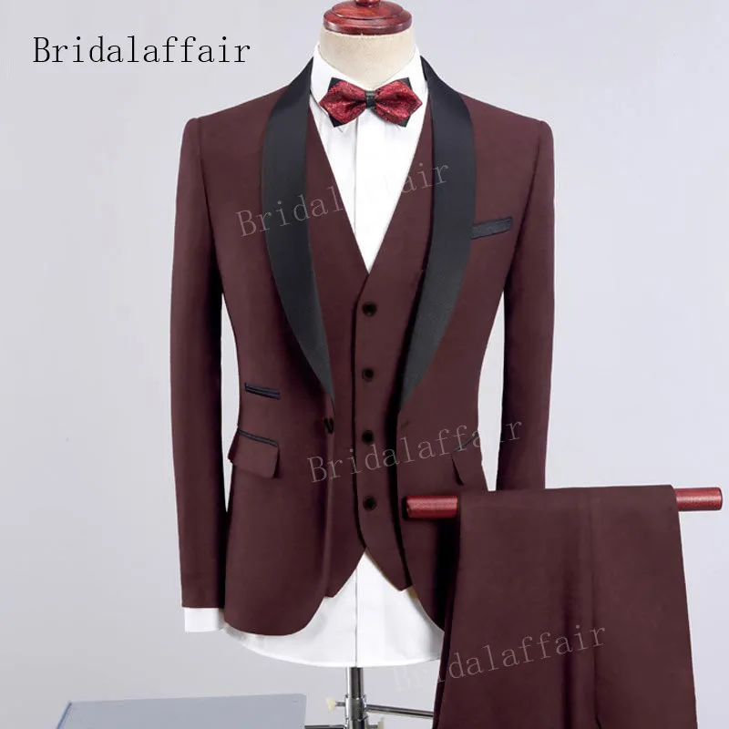 Bridalaffair темно-синий мужской смокинг Slim Fit мужской костюм набор 3 шт. мужские официальные костюмы жених свадебные костюмы набор(Блейзер+ брюки+ жилет - Цвет: Коричневый