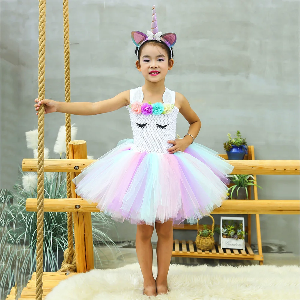 Платье для девочек с изображением единорога; Пышное Платье До Колена Для маленьких девочек с изображением пони; детский наряд с цветами для дня рождения; платье-пачка с изображением единорога; костюм