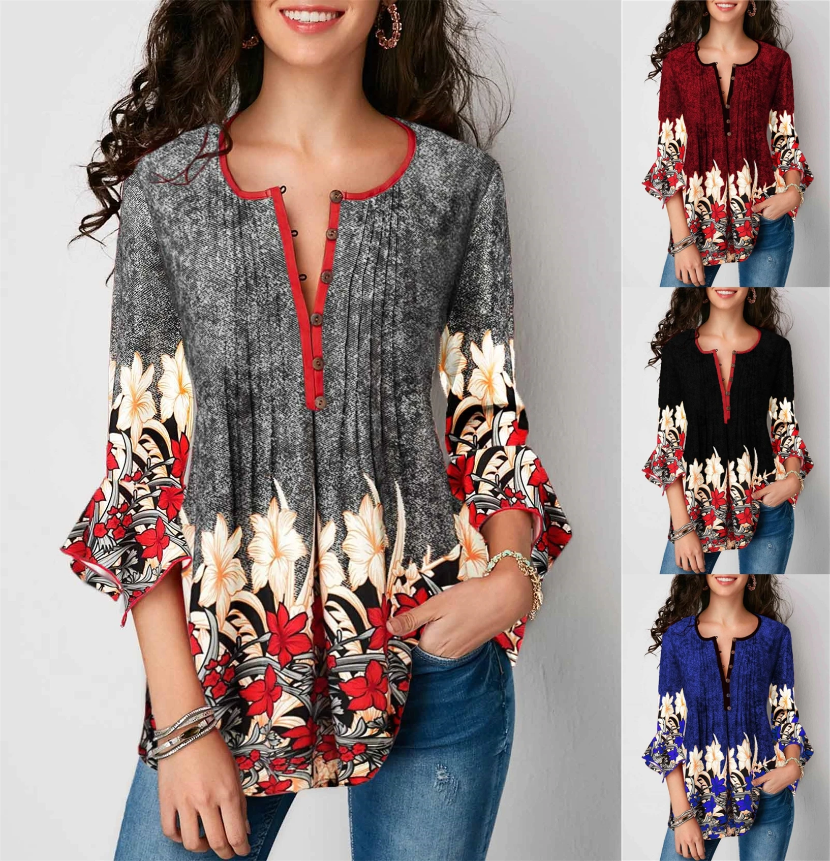 

S-5xl Bohemian Summer 2019 Women Blouse And Tops Fashion Button V Neck Plus Size Ladies Shirt Vintage Floral Printed Female Tops