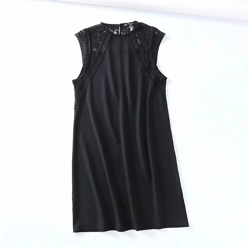 

New fashion women lace embroidery patchwork black mini dress female o neck short sleeve vestidos lace crochet dresses DS2389