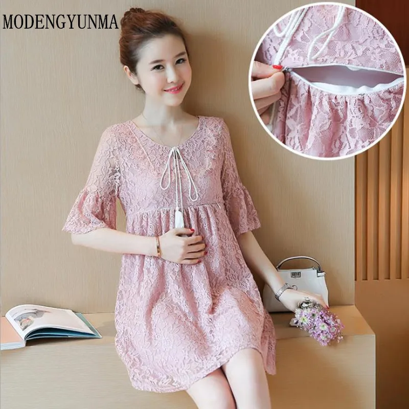 

MODENGYUNMA Summer lace Maternity nursing Dresses Breast feeding clothes for Pregnant Women Pregnancy Breastfeeding Clothing