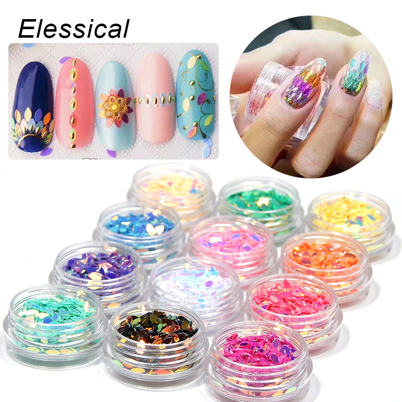 

ELESSICAL 12 bottles Small Leaf Design Nail Glitters Horse Eyes Design Nail Sequins 3D DIY Nail Art Decorations Manicure WY1078