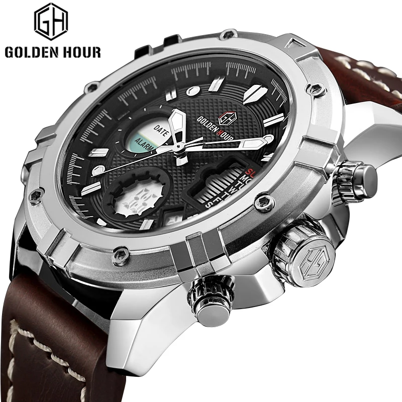 

GOLDENHOUR New Military Sports Men Quatrz Watches Men's Analog Date Display Leather Wrist Watch Relogio Masculino Male Clock