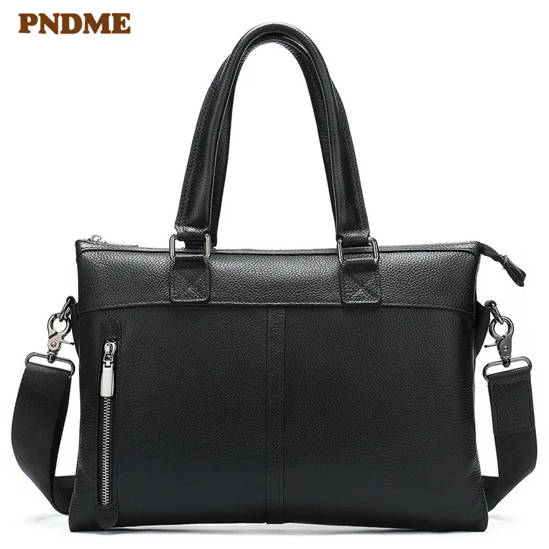 

PNDME high quality simple business genuine leather men's briefcase black top layer cowhide laptop bag work bag messenger bags