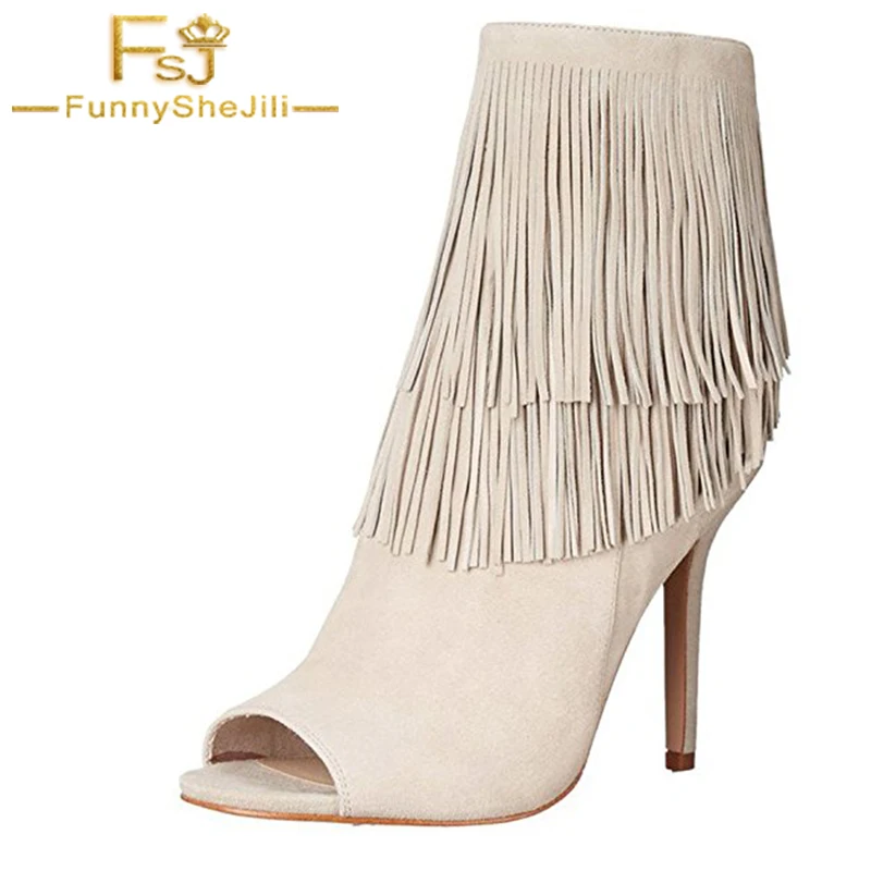 

Spring Light Beige Black Flock Peep Toe Fringe Zipper Ankle Boots High Heels Shoes Womnen Party Street Souliers Femmes FSJ Size