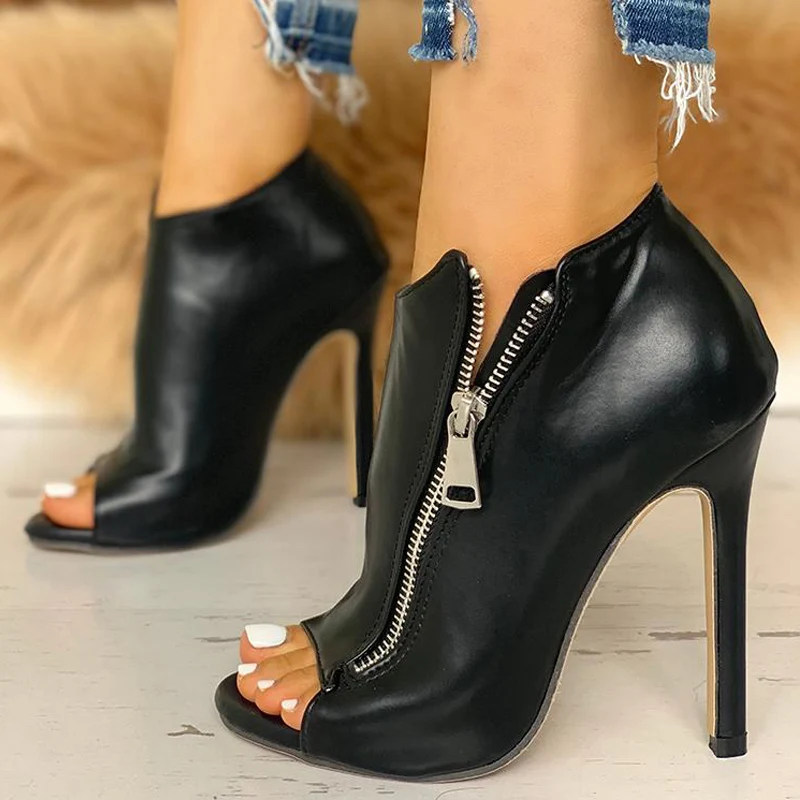 

High Heel Women Sandals Shoes Solid Zipper Peep Toe Zip PU Leather Punps Summer Wedding Party Sexy Femme Sandals Mujer