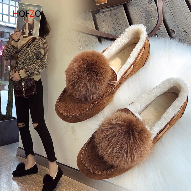 

HQFZO Luxury Spring Winter Fox Fur Flats Shoes Flock Loafers Comfy Female Shoes Balii Flat Slip On Soft Warm Plush Mujer 2018