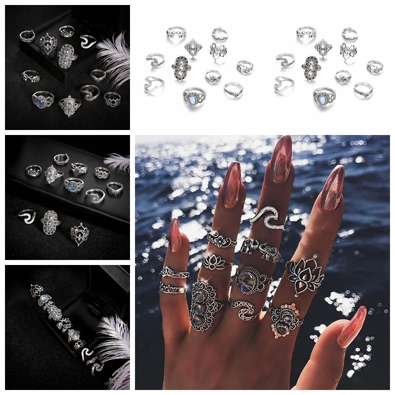 

Hsd Accessories 12 Pcs/set Bohemian Vintage Crown Water Drops Stars Geometric Crystal Ring Set Charm Joint Ring Party Wedding