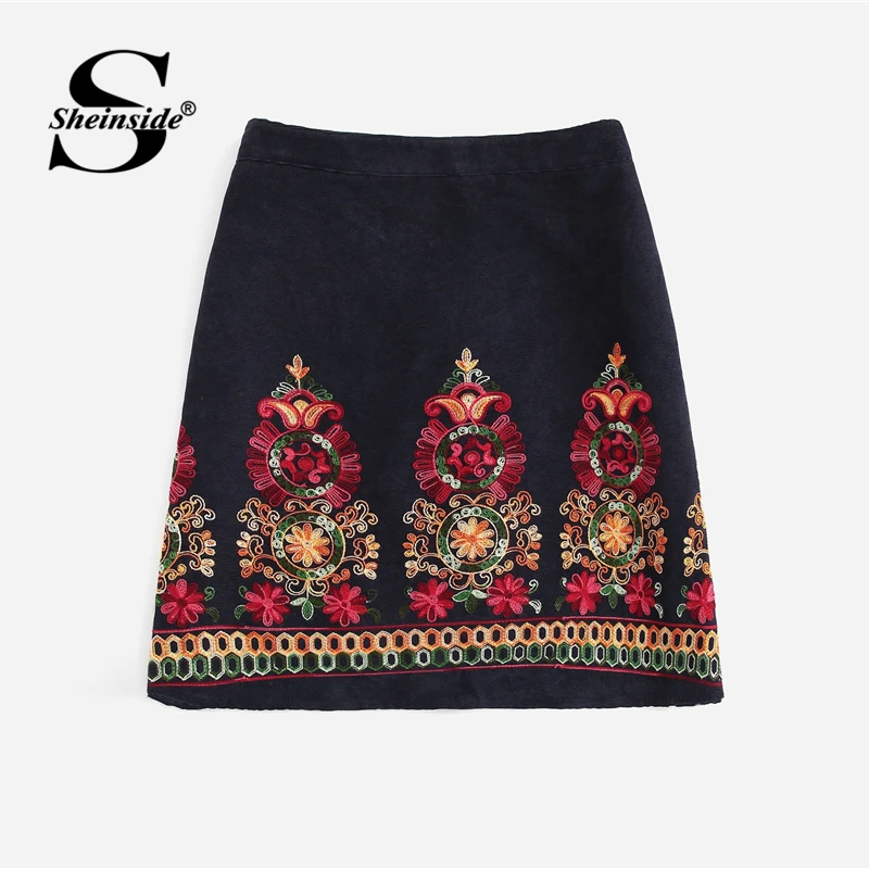 

Sheinside Plus Size Elegant Zip Back Embroidered Mini Skirt Women 2019 Spring Casual Navy A Line Skirts Vintage Corduroy Skirt