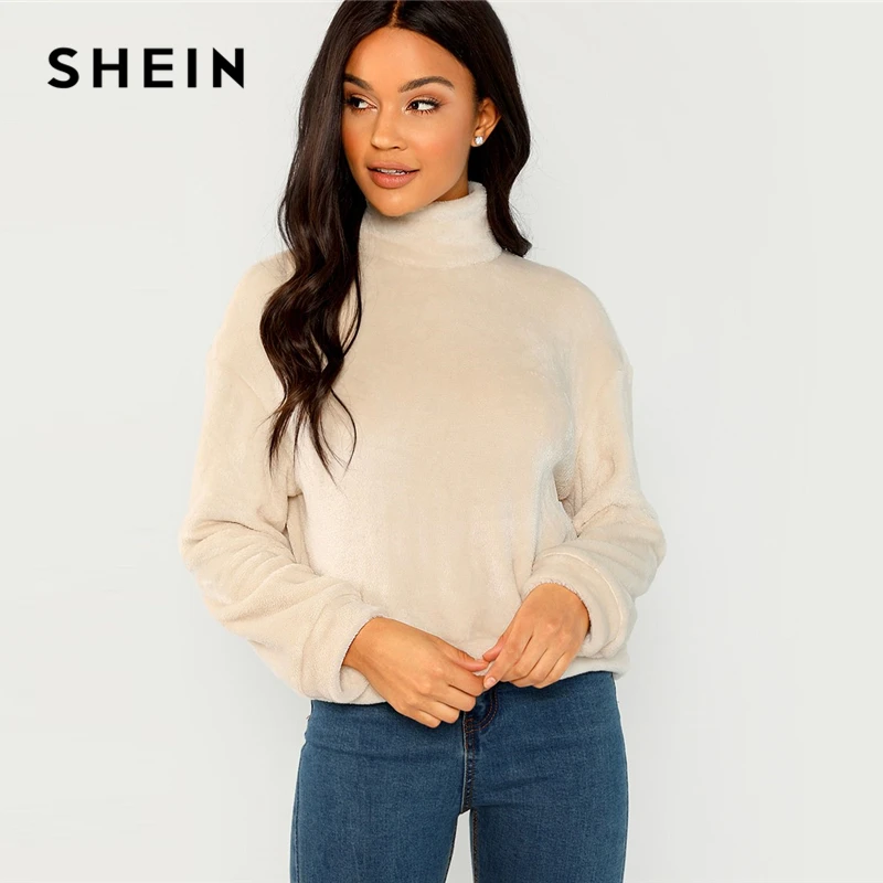 SHEIN المشمش الحديثة سيدة أنيقة عالية الرقبة فو الفراء مربوط الصلبة البلوز البلوز الشتاء الحد الأدنى عارضة النساء بلوزات