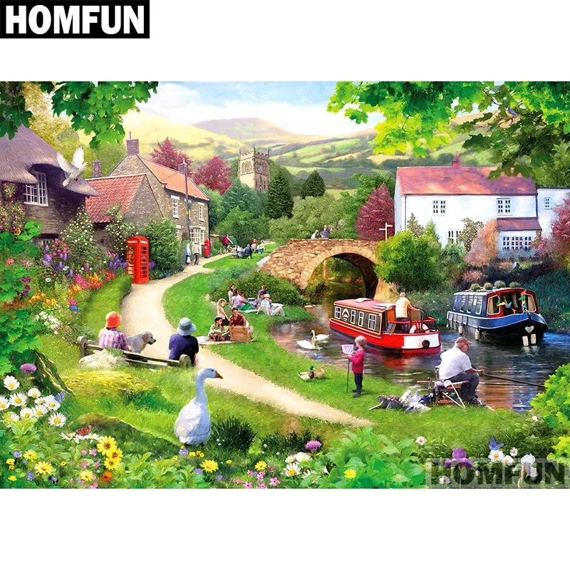 Алмазная живопись HOMFUN A01718 Весенний город полноразмерная/круглая вышивка