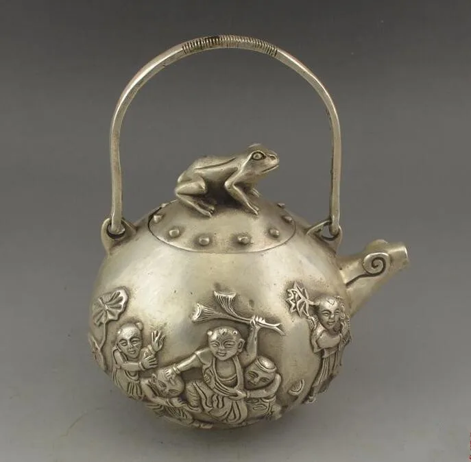 

China collection archaize white copper frog teapot craft statue