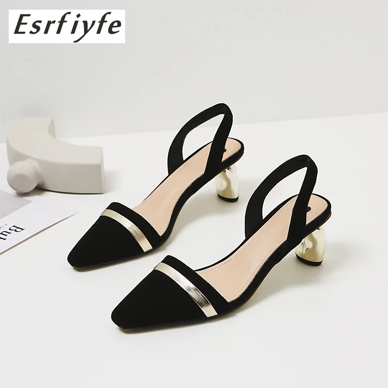 

ESRFIYFE 2019 New Genuine Suede Leather Women Sandals Fashion High Heel Pointed Toe Shoes Woman Mixed Color Back Strap Sandals