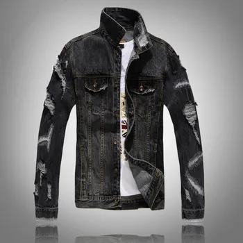 

2018 Spring and Autumn new men's casual long-sleeved denim jacket coat solid color lapel hole men's clothes