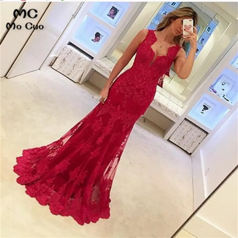 Red Appliques Lace Evening Dress Sleeveless Mermaid Party Dress Elegant Women Long Dresses Formal Gown