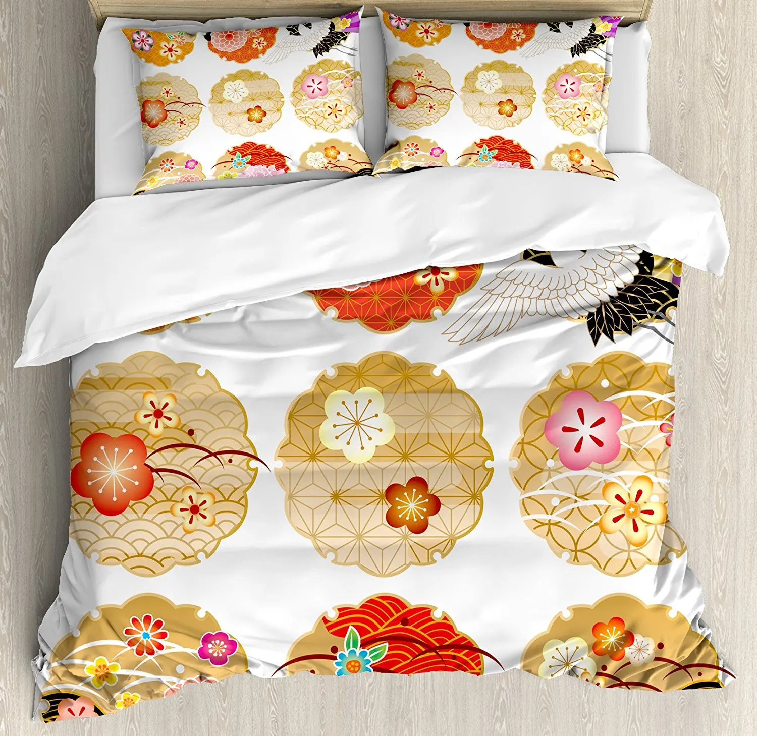 Japanese Duvet Cover Set Floral Round Patterns Antique Asian