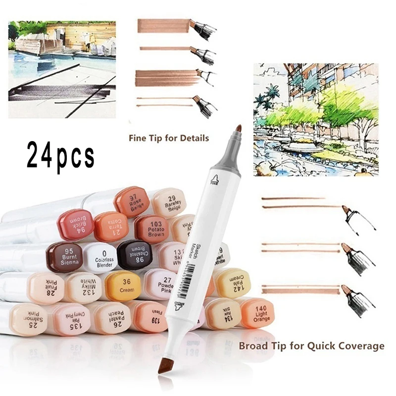 

24pcs/set Artist Marker Pens 24 Colors Drawing Supplies Marker Pen Set for Portrait Illustration Drawing