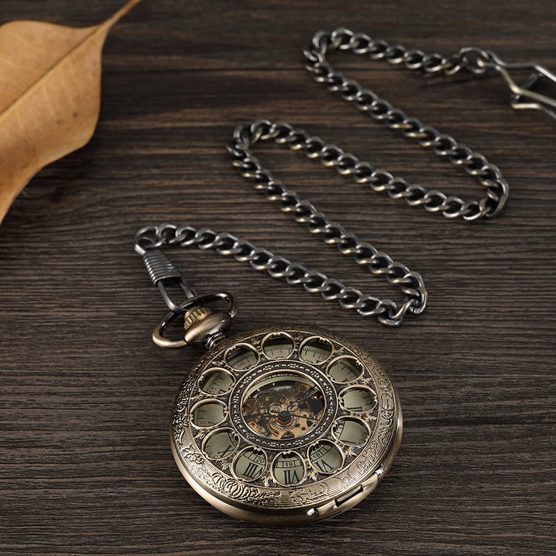 Bronze Hollow Vintage Mechanical Pocket Watch Men Skeleton Carving Steampunk Fob Hand Watch With Chain Necklace Women Men Gift