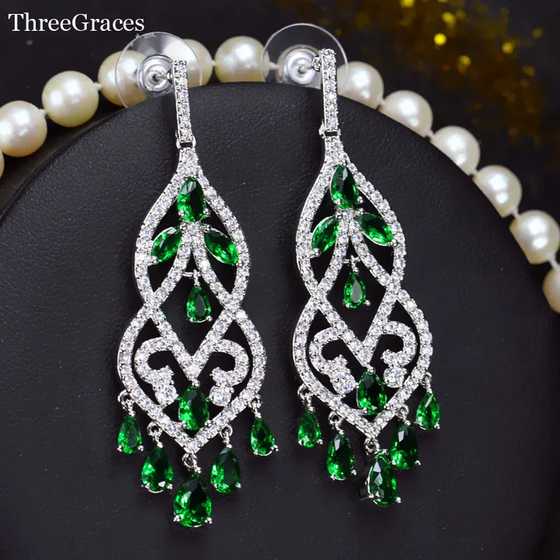 

ThreeGraces White Gold Color Shining Green CZ Crystal Hangging Long Tassel Drop Earring Women Wedding Banquet Prom Jewelry ER169