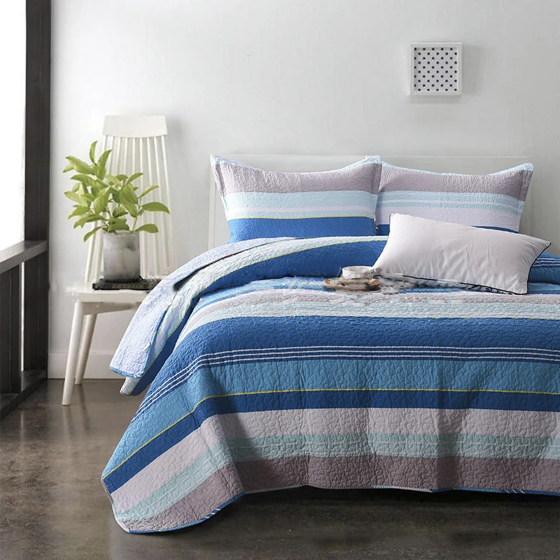 

CHAUSUB American Blue Stripe Quilt SET 3PCS Washed Cotton Quilts Quilted Bedspread Bed Cover Bed Sheets Coverlet Set King Size