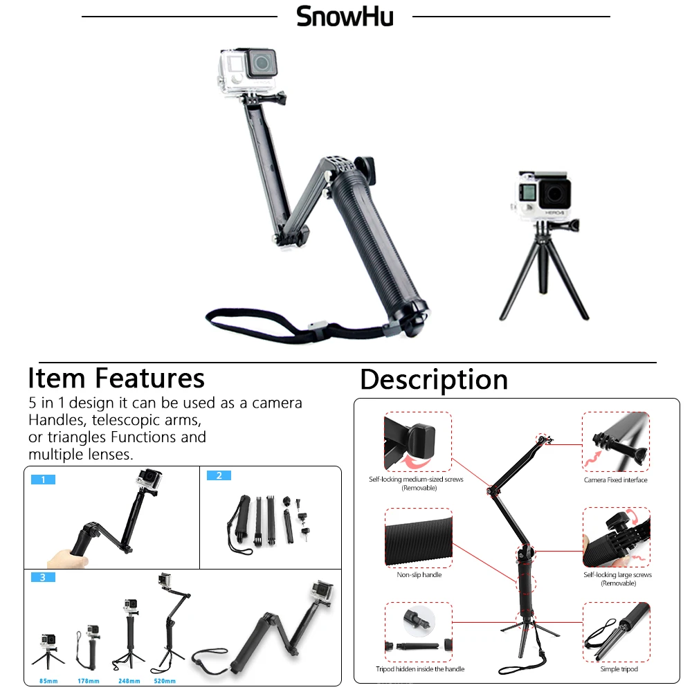 SnowHu аксессуары для экшн-камеры для GoPro Hero 8 7 6 5 4 Black Xiaomi Yi 4K 4K+ Lite SJCAM SJ7 Eken H9 для Go Pro Mount GS52