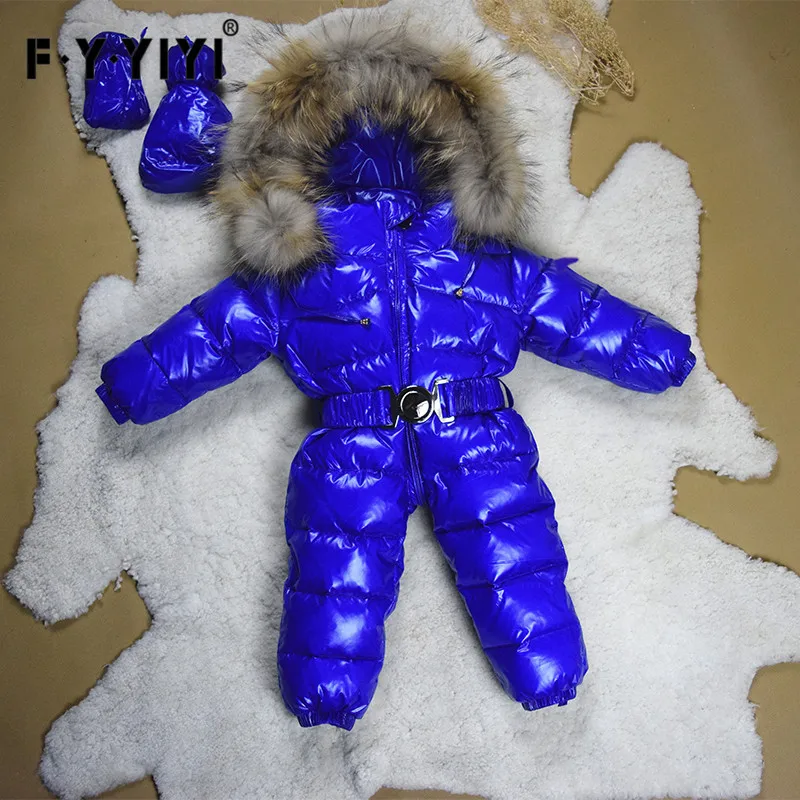 Детский комбинезон с воротником из меха енота, теплая зимняя одежда Зимняя верхняя одежда для маленьких девочек и мальчиков, От 0 до 5 лет Детские зимние комбинезоны - Цвет: blue 2