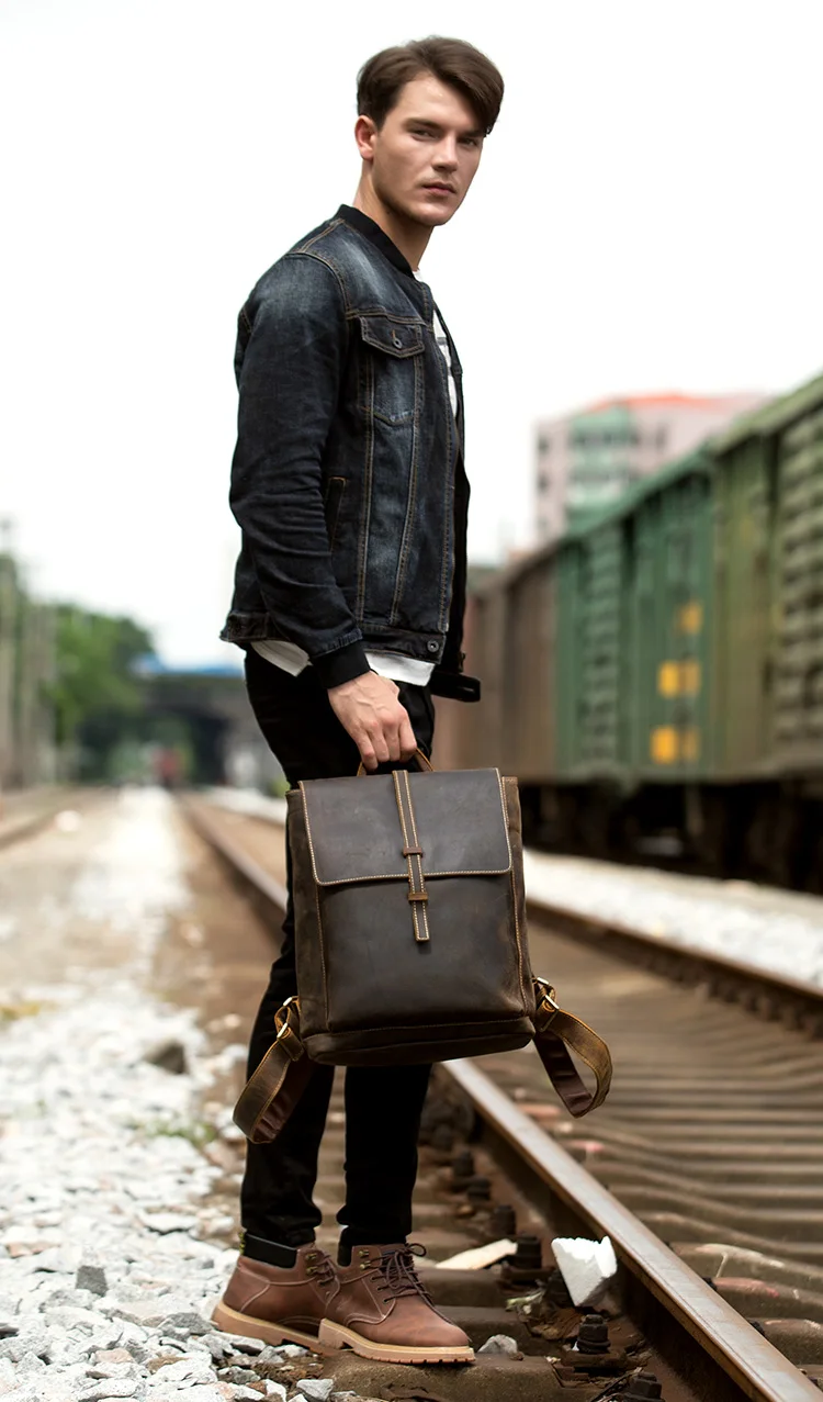 Outdoor Model Show of Woosir Handmade Mens Vintage Backpack Crazy Horse Genuine Leather