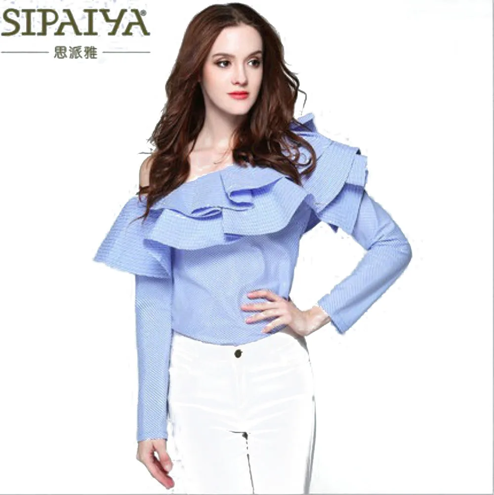 New Runway Women Blouses Blue Striped Sexy Ruffles Slash Neck White Lady's Party Off Shoulder Shirts High Quality Fashion Tops