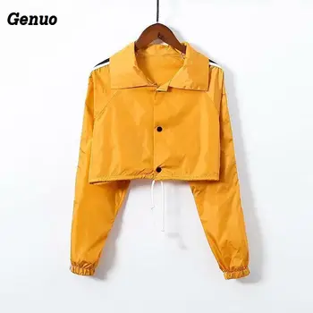 

Genuo Women Sun Protection Jacket Coats Striped Long Sleeve Crop Top Turn Down Collar Short Sexy Harajuku Spring Jackets Outfits