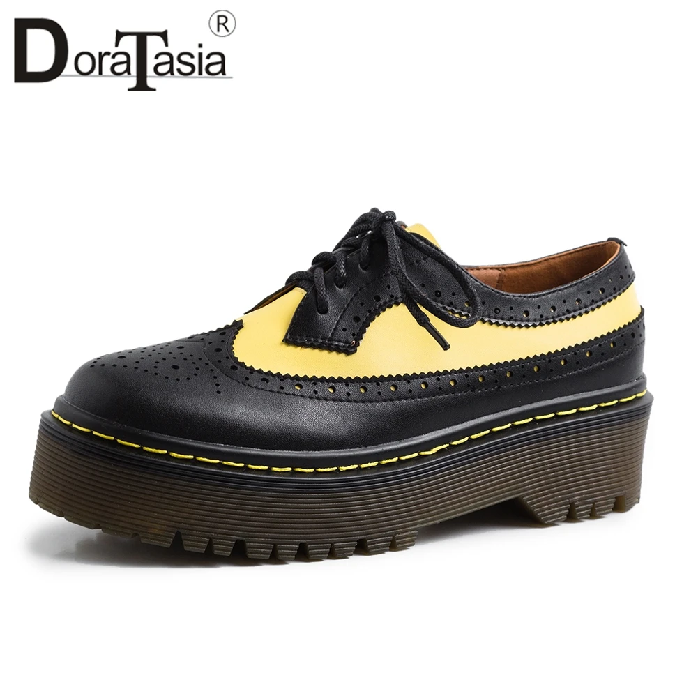 

DORATASIA Brand Full Grain Genuine Leather Fashion Girls Brogue Shoes Woman Flats British Style Thick Bottom Women Shoes 2019