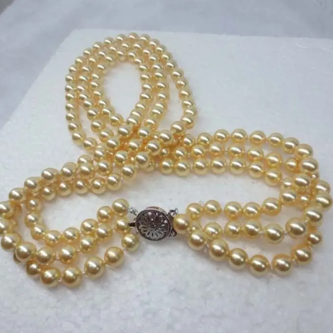 

FREE SHIPPING HOT sell new Style >>>>NEW 8mm 3row yellow perfect round sea shell pearl necklace 17"-18"-19