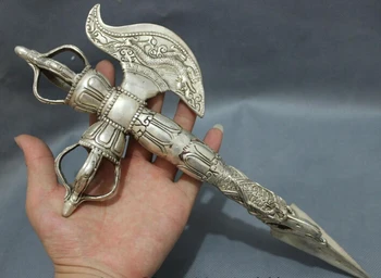 

wholesale factory 32CM Chinese Silver Dragon Statue Dagger Tibet Buddhism Dorje Phurpa Talismans