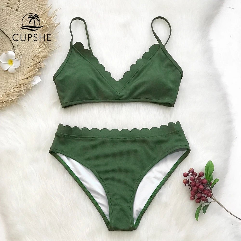 Günstige CUPSHE Nette Grüne Scalloped Bikini Sets 2020 Frauen Solide Zwei Stück Strand Badeanzüge Bademode