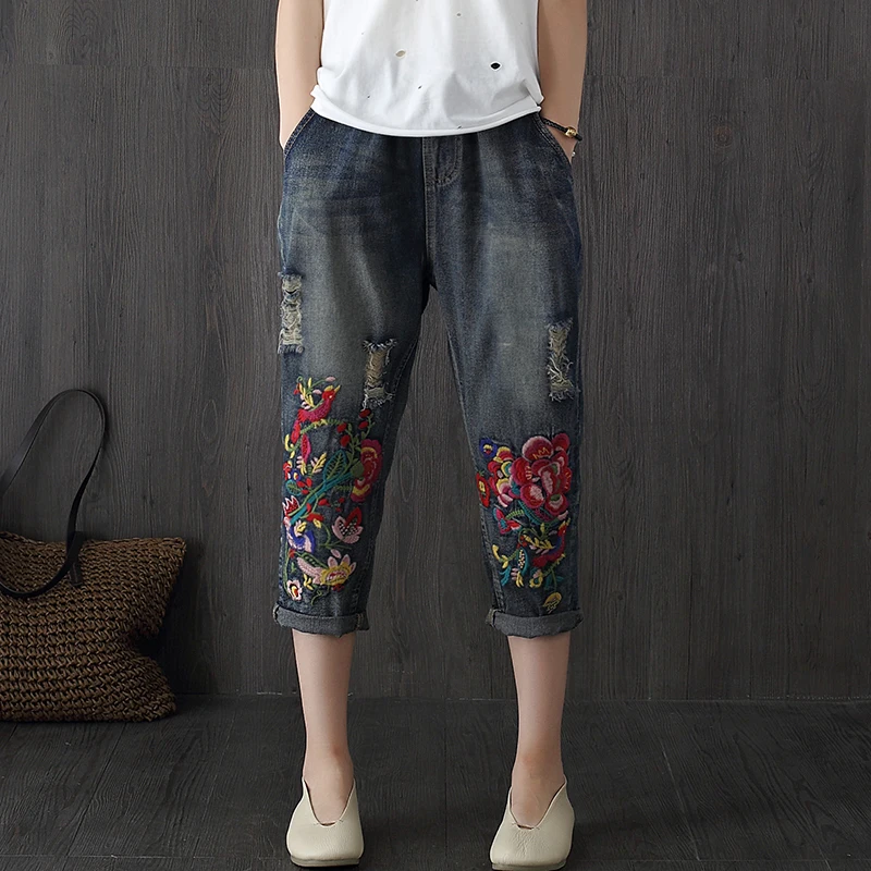 Vintage Embroidered Jeans Woman 2019 New Spring Summer