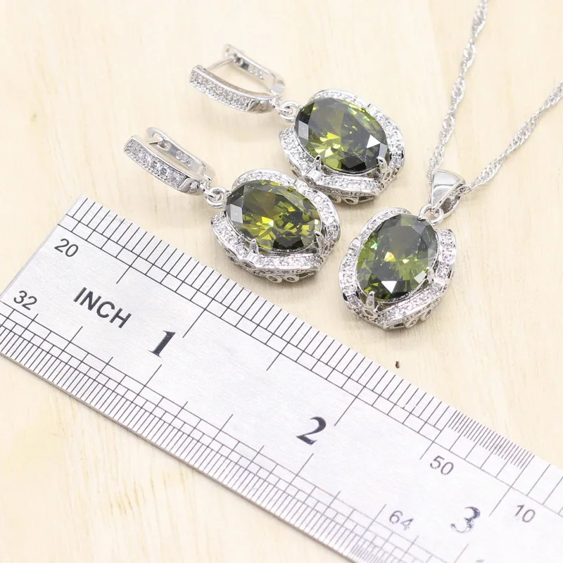 Оливково-зеленый CZ 925 серебряные ювелирные наборы для женщин Свадебные серьги браслет кольца ожерелье Кулон Подарочная коробка ювелирных изделий