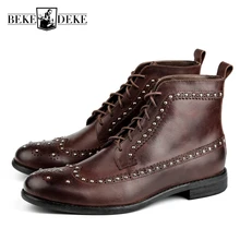Винтаж ретро мужские из натуральной коровьей кожи на шнуровке мотоциклетные Мотоботы круглый носок сапоги мужские короткие на низком каблуке броги на платформе обувь