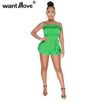 

Wantmove womens summer sexy soild slim fit stretchy slash neck ruffle tie belt club party short playsuits for ladies WM288
